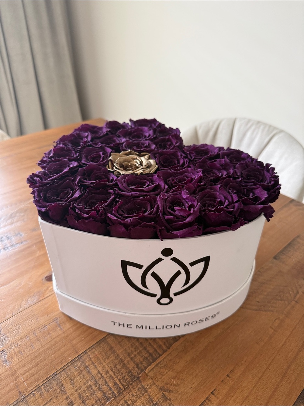 The Million Roses Heart Box with Deep Purple Roses & Gold Accent